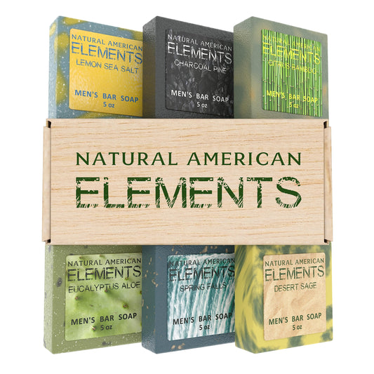 NATURAL AMERICAN Mens Organic Bar Soap, Masculine Scents, 100% Natural Soap for Men - Essential Oils, Organic Shea Butter Natural Body Soap, Natural Bar Soap for Men - ELEMENTS Body Soap 5 oz (6pk)