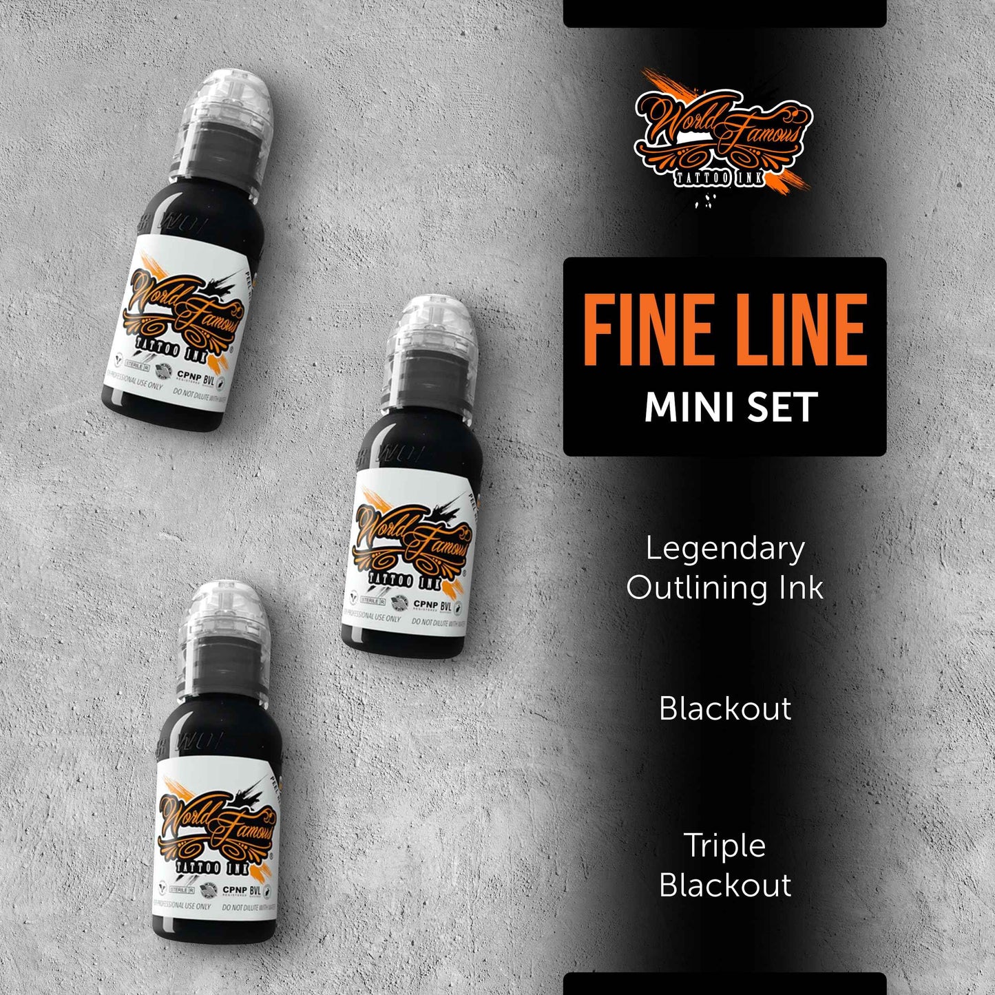 World Famous Fine Line Mini Black Tattoo Ink Pigments Set of 3, Vegan, Professional Supplies, 1oz Bottles, Outlining Ink, Blackout, Triple Blackout