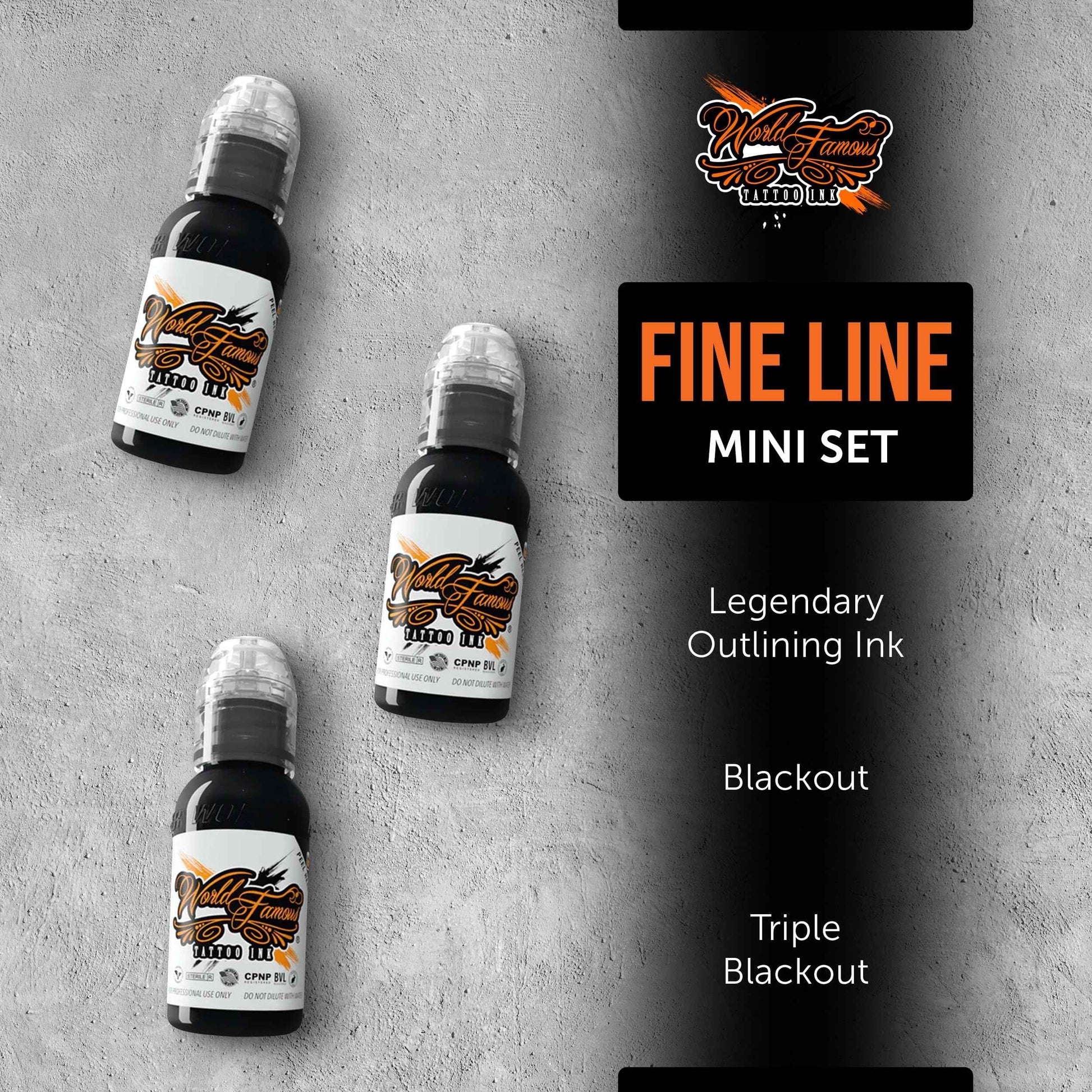 World Famous Fine Line Mini Black Tattoo Ink Pigments Set of 3, Vegan, Professional Supplies, 1oz Bottles, Outlining Ink, Blackout, Triple Blackout