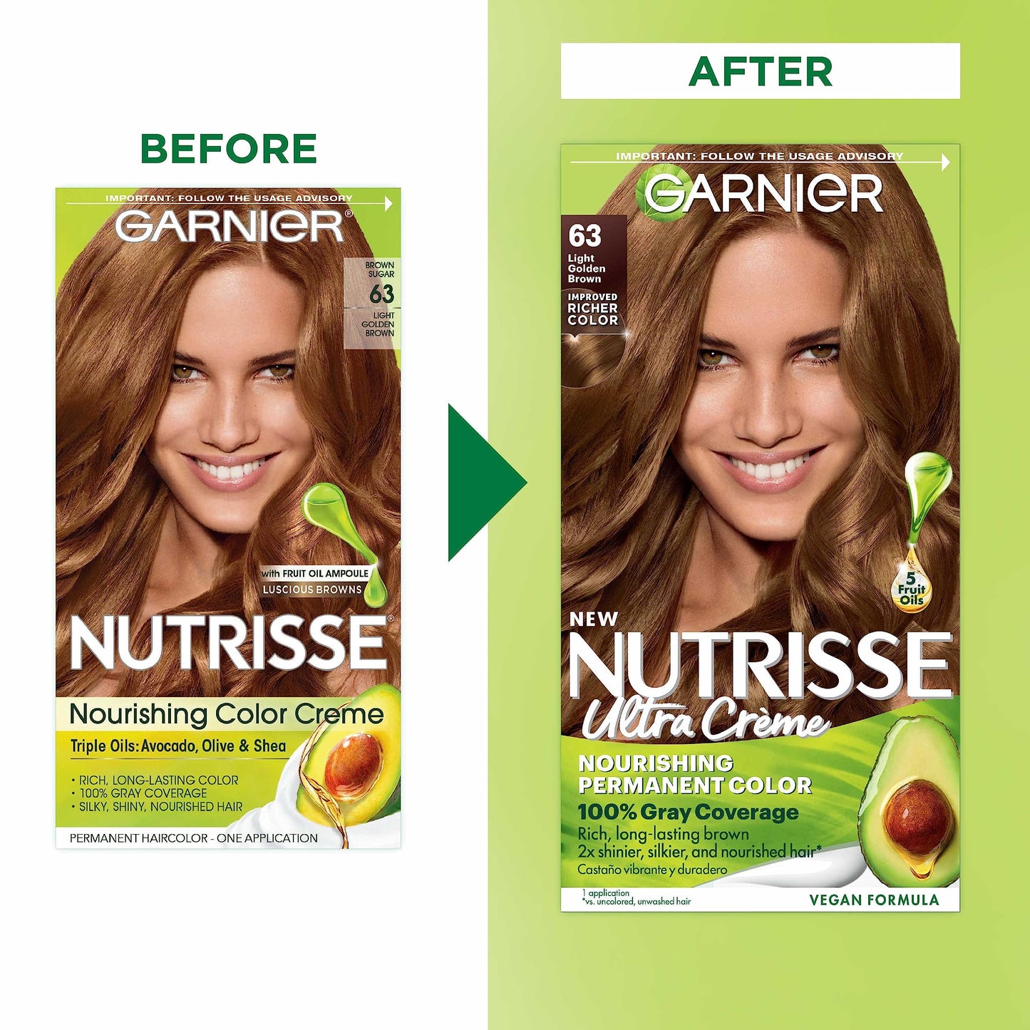 Garnier Hair Color Nutrisse Nourishing Creme, 63 Light Golden Brown (Brown Sugar) Permanent Hair Dye, 2 Count (Packaging May Vary)