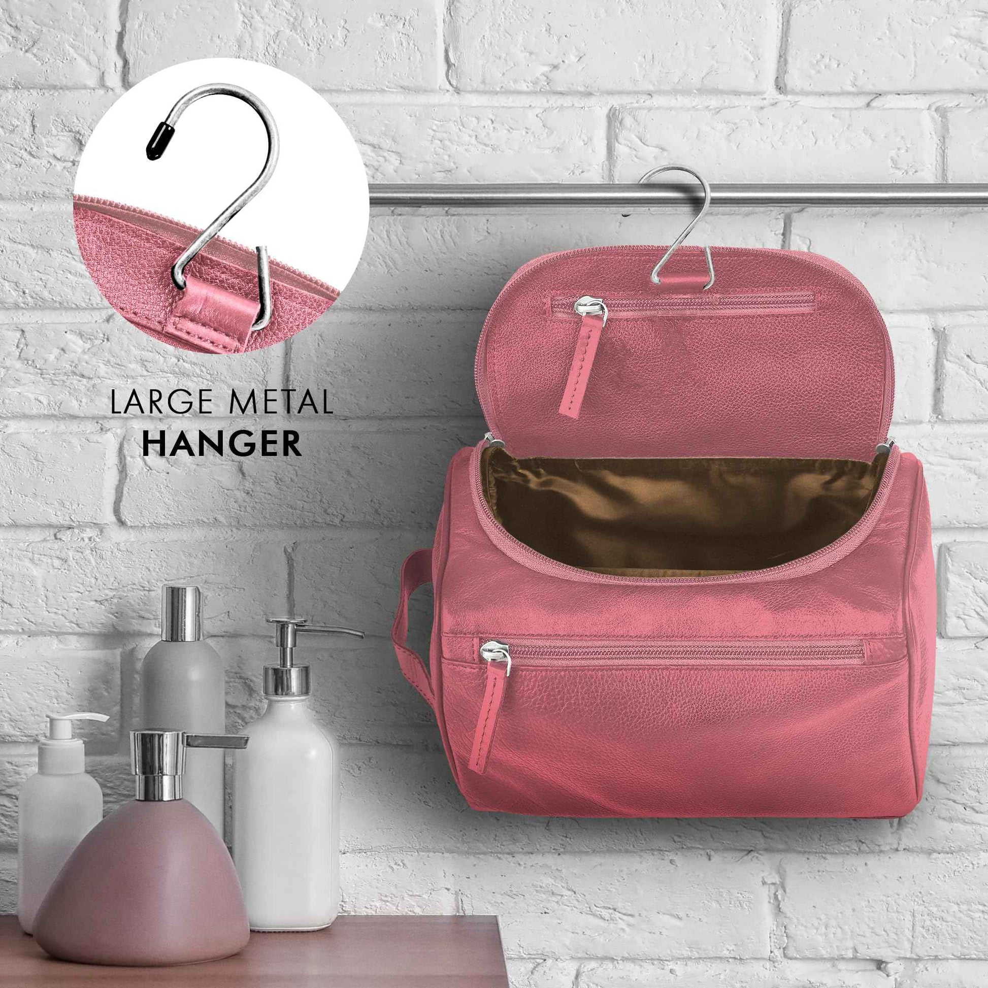 ELIZO Premium REAL Leather Toiletry Bag for Men Dopp Kitt Hanging Mens Toiletry Large TSA Toiletries Bag Shaving Grooming Bag Organizer Espresso (Pink, Large)