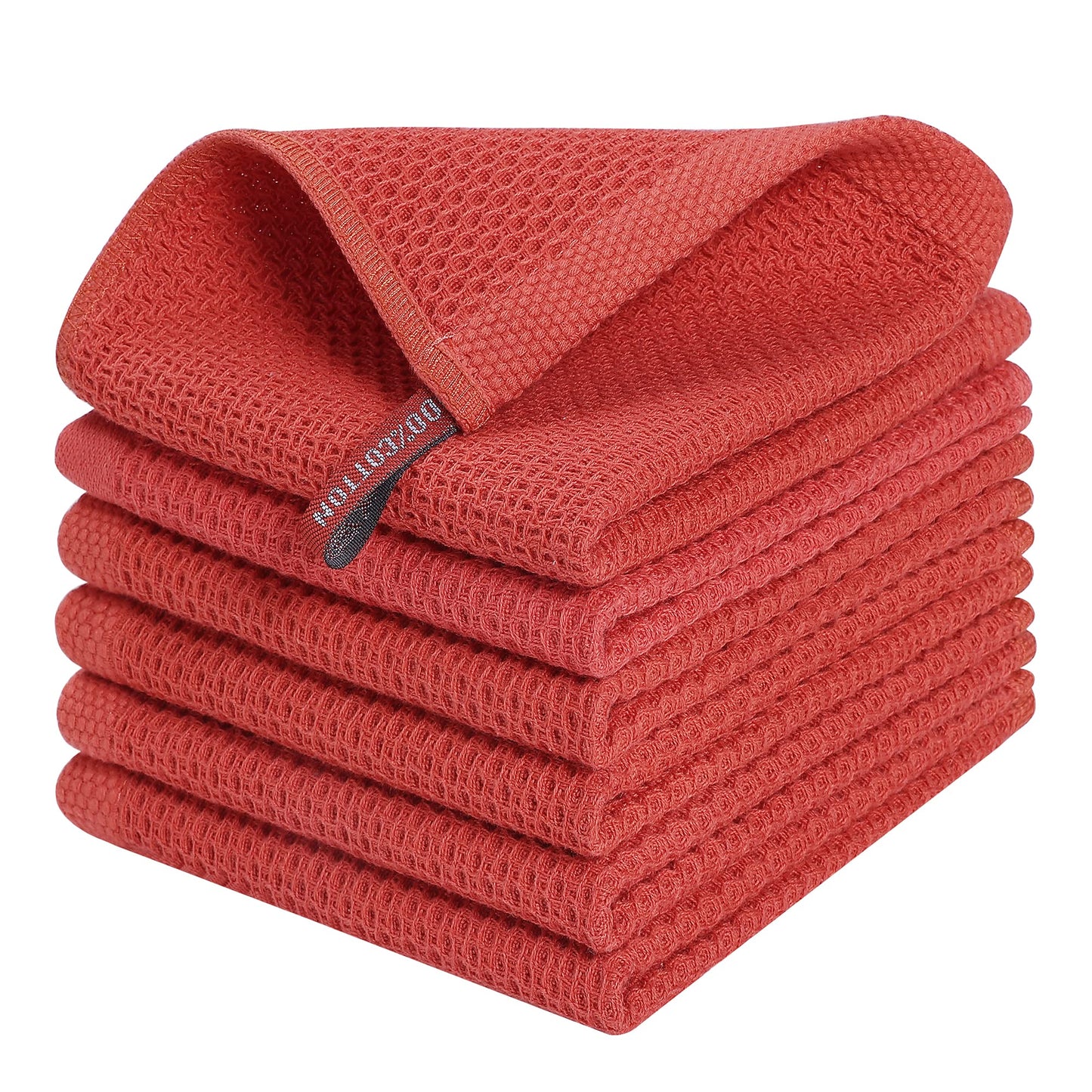 Kitinjoy 100% Cotton Kitchen Dish Cloths, 6 Pack Waffle Weave Ultra Soft Absorbent Dish Towels for Drying Dishes Quick Drying Kitchen Towels Dish Rags, 12 X 12 Inches, Brick Red