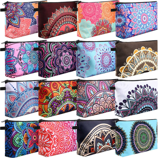 Dunzy 16 Pcs Makeup Bags Bulk Waterproof Cosmetic Bags Cna Week Graduation Gifts Roomy Zipper Pouch Travel Toiletry Portable Organizer Accessory Resistant Storage Purse for Women Men(Mandala Style)