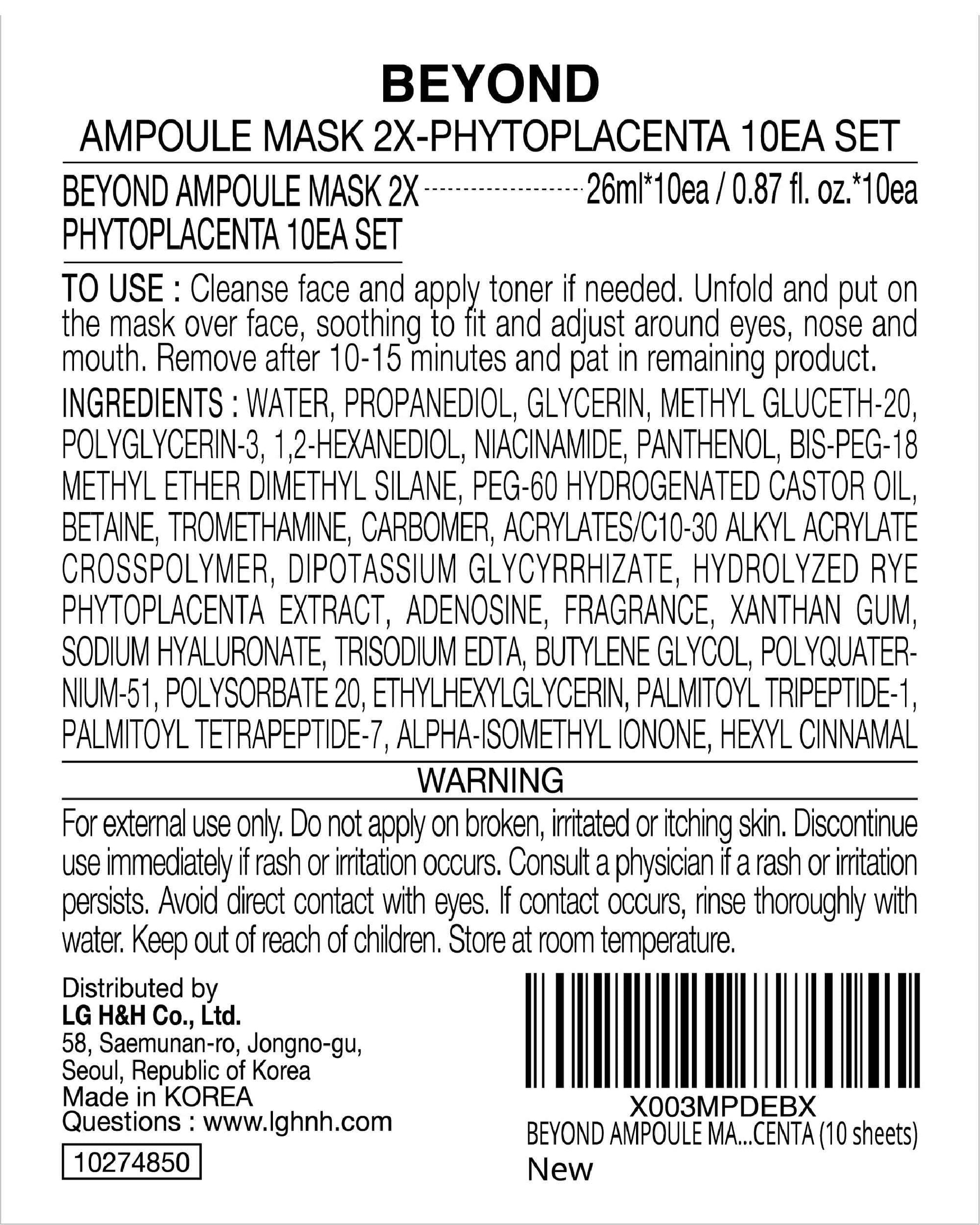BEYOND Intensive Ampoule Mask 2X Phytoplacenta (25ml/0.85fl oz * 10 sheets) - Dermatologically Tested Hypoallergenic Sheet Masks for Improved Skin Elasticity