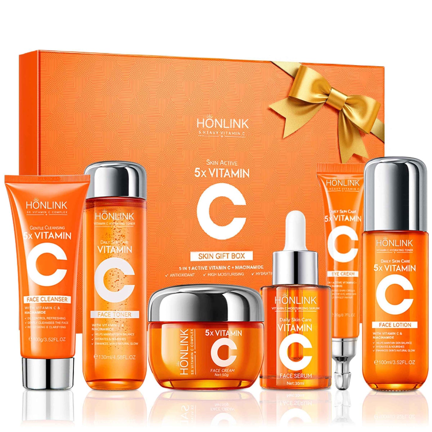 Glown 6-Piece Hydrating Skincare Set with Vitamin C & Niacinamide,HONLINK Face Care Kit Includes Toner, Faical Serum,Cleanser,Moisturizer, Eye Cream & Body Lotion | Unique Gift for Women