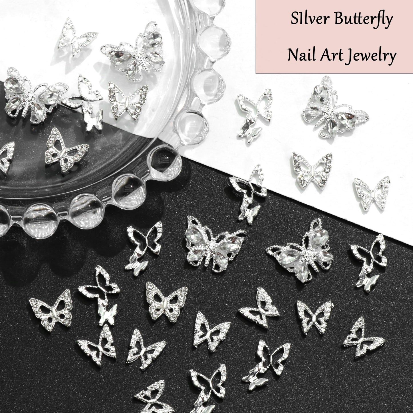 RODAKY 30PCS Butterfly Nail Charms Silver Butterflies Charms for Nails Shiny Nail Art Jewelry with Rhinestone 3D Butterfly Nail Gems for Manicure Nail Decoration Accessories for Women and Girls