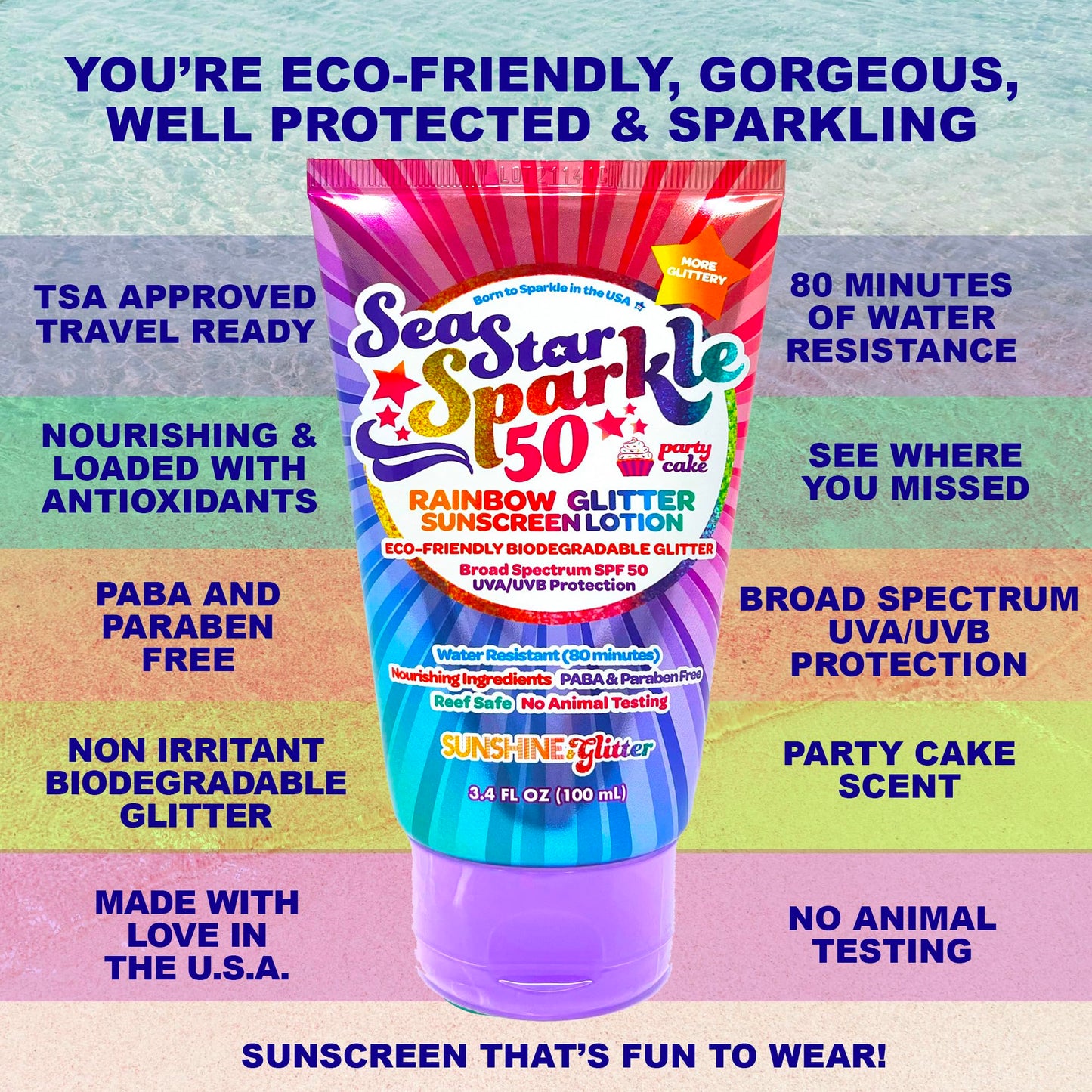 Seastar Sparkle - Rainbow Party Cake Scented Glitter Sunscreen - SPF 50 - Biodegradable Sunscreen, Kids, Water Resistant, Glitter lotion, Cruelty Free, Kids Lotion, Made in USA, 3.4oz