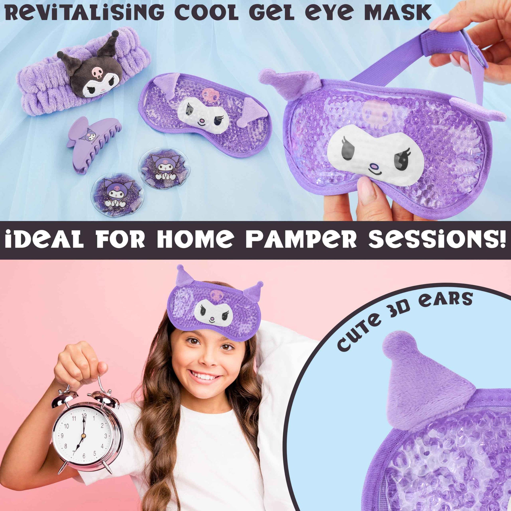 Hello Kitty Sanrio Kuromi Beauty Set for Women, Teens with Cooling Gel Eye Mask, Plush Skincare Headband, Claw Clip, Eye Pads, Kawaii Gifts for Women (Purple Kuromi)