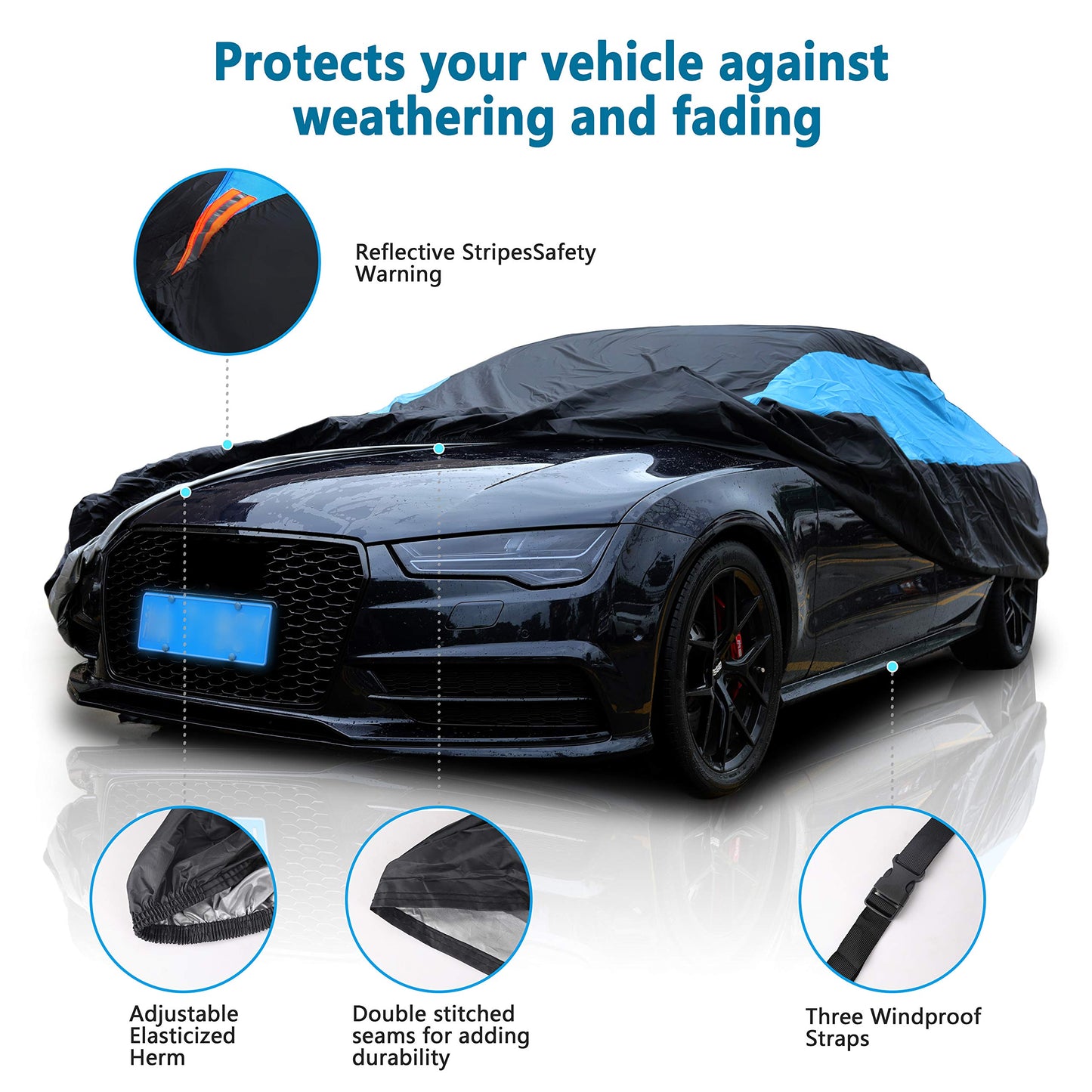 MORNYRAY Waterproof Car Cover All Weather Snowproof UV Protection Windproof Outdoor Full car Cover, Universal Fit for Sedan (Fit Sedan Length Up to 153 inch, Blue)