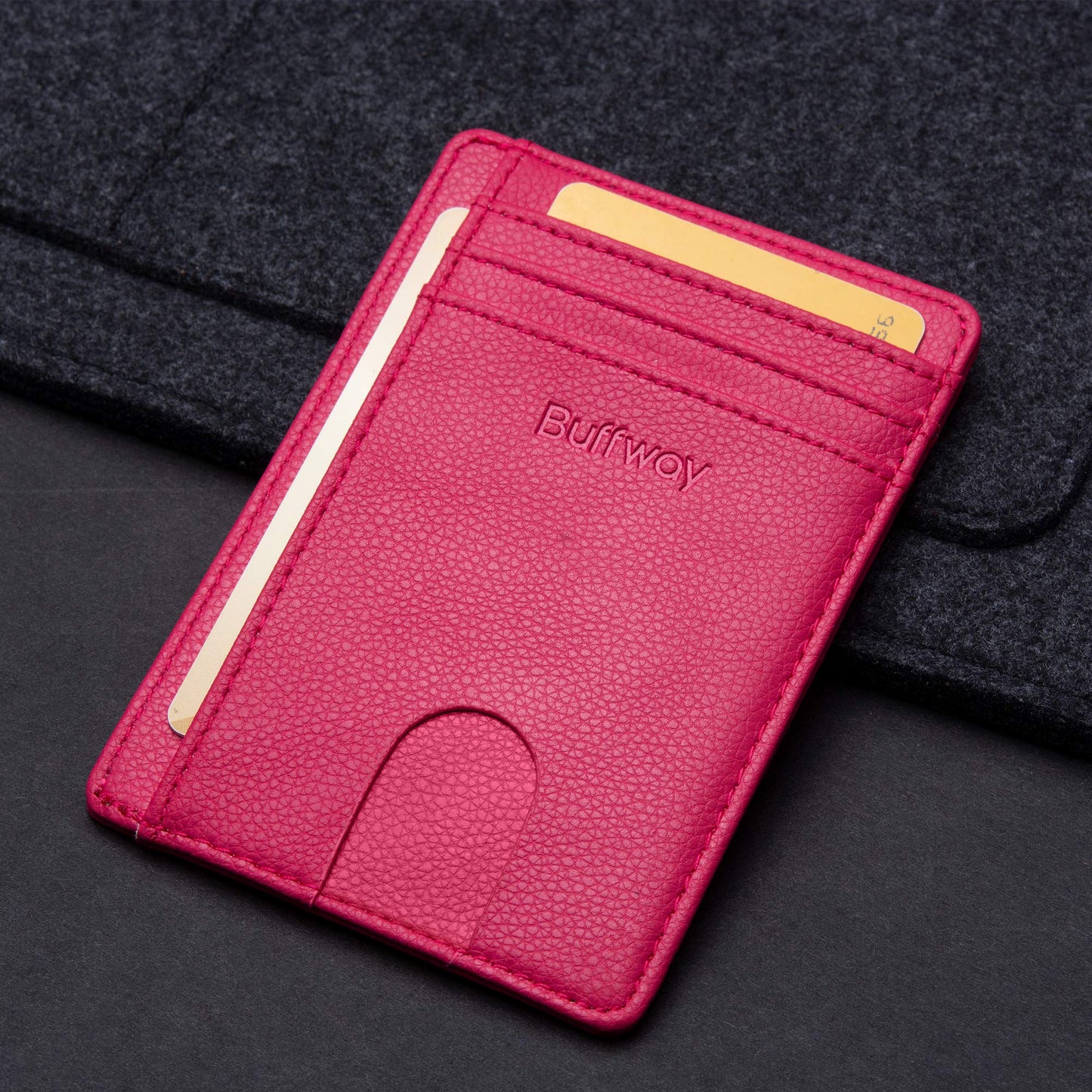 Buffway Slim Minimalist Front Pocket RFID Blocking Leather Wallets for Men and Women - Lichee Red