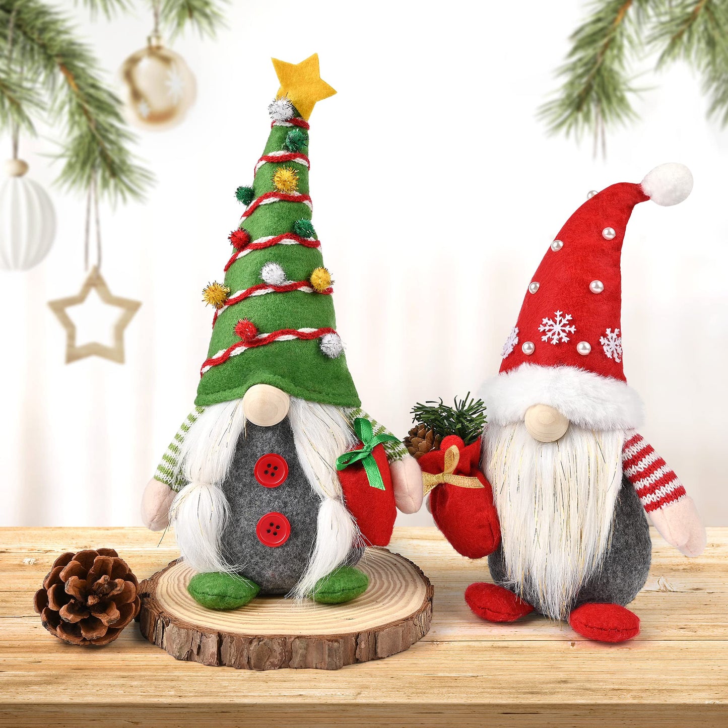 D-FantiX Christmas Gnomes Decorations, 2PCS Handmade Swedish Tomte Xmas Gnomes Plush Ornaments, Scandinavian Santa Figurines with Pine Cone Gift, Elf Doll Christmas Table Home Decorations(12 in)