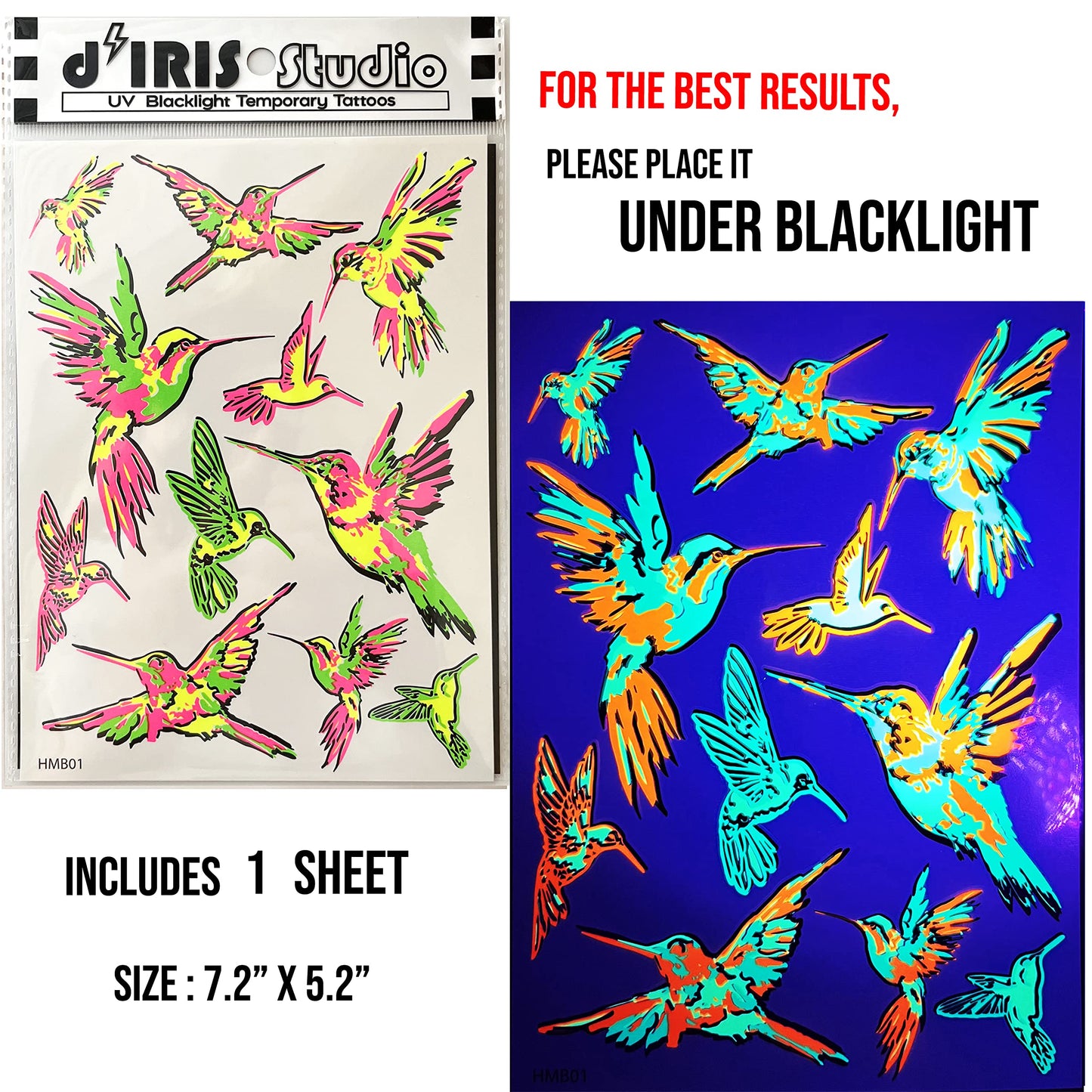 Temporary Tattoos-1 Sheets UV Blacklight Reactive Hummingbird Sparrow Bird Neon Glow Tattoo for EDC EDM Rave Party