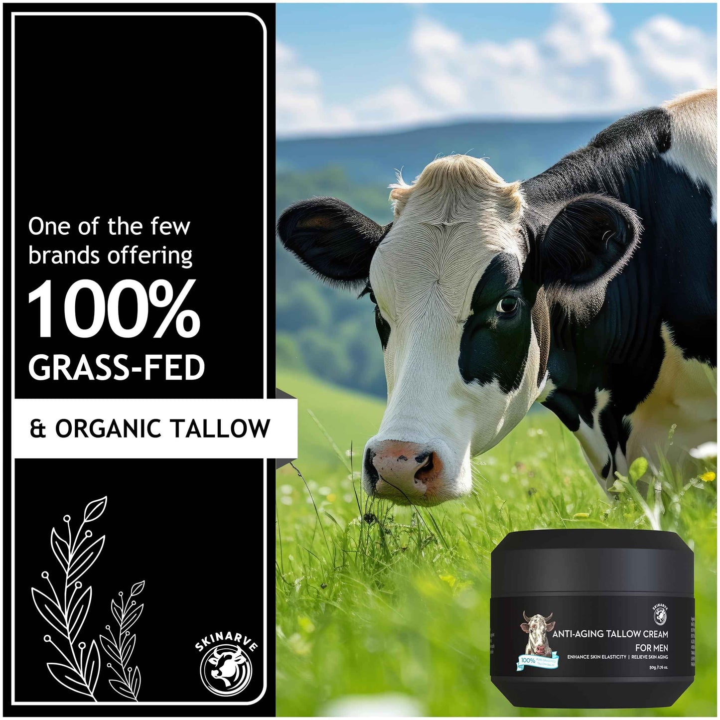 SKINARVE Wrinkle Defense Beef Tallow Balm for Men, Tallow Balm for Skin - Moisturizer for Face - Hydrating Anti Aging Skin Cream - Natural Facial Skincare Lotion with Essential Oils (1.7 OZ)