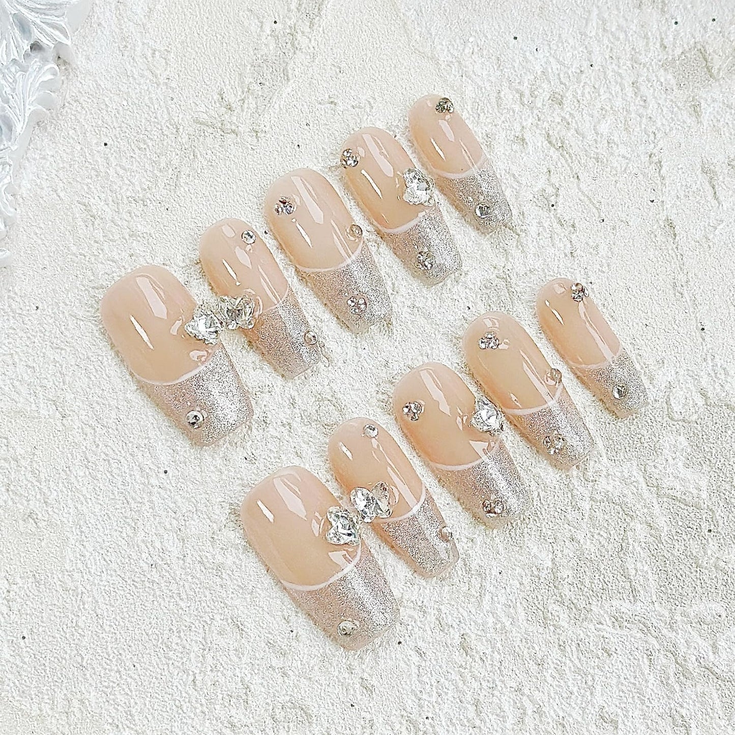 LARSOOY Nails Handmade Press on Nails Middle Long Coffin | Handmade Nails with Butterfly Rhinestone | Reusable Fake Nails with French Tip Design | False Nails 10 Pcs (Sparking on Venus, M)