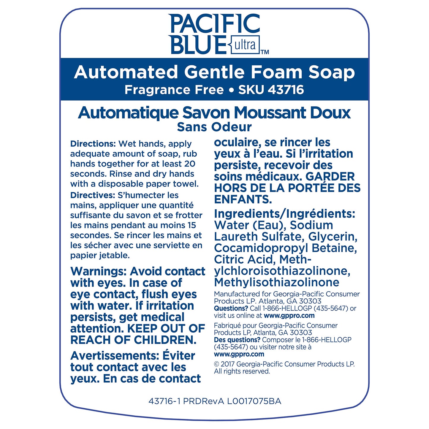 Pacific Blue Ultra Gentle Foam Hand Soap Refill (43716), Compatible Only With Pacific Blue Ultra Automated Touchless Dispenser, Dye and Fragrance Free, 40.5 FL OZ Per Refill, 3 Refills Per Case