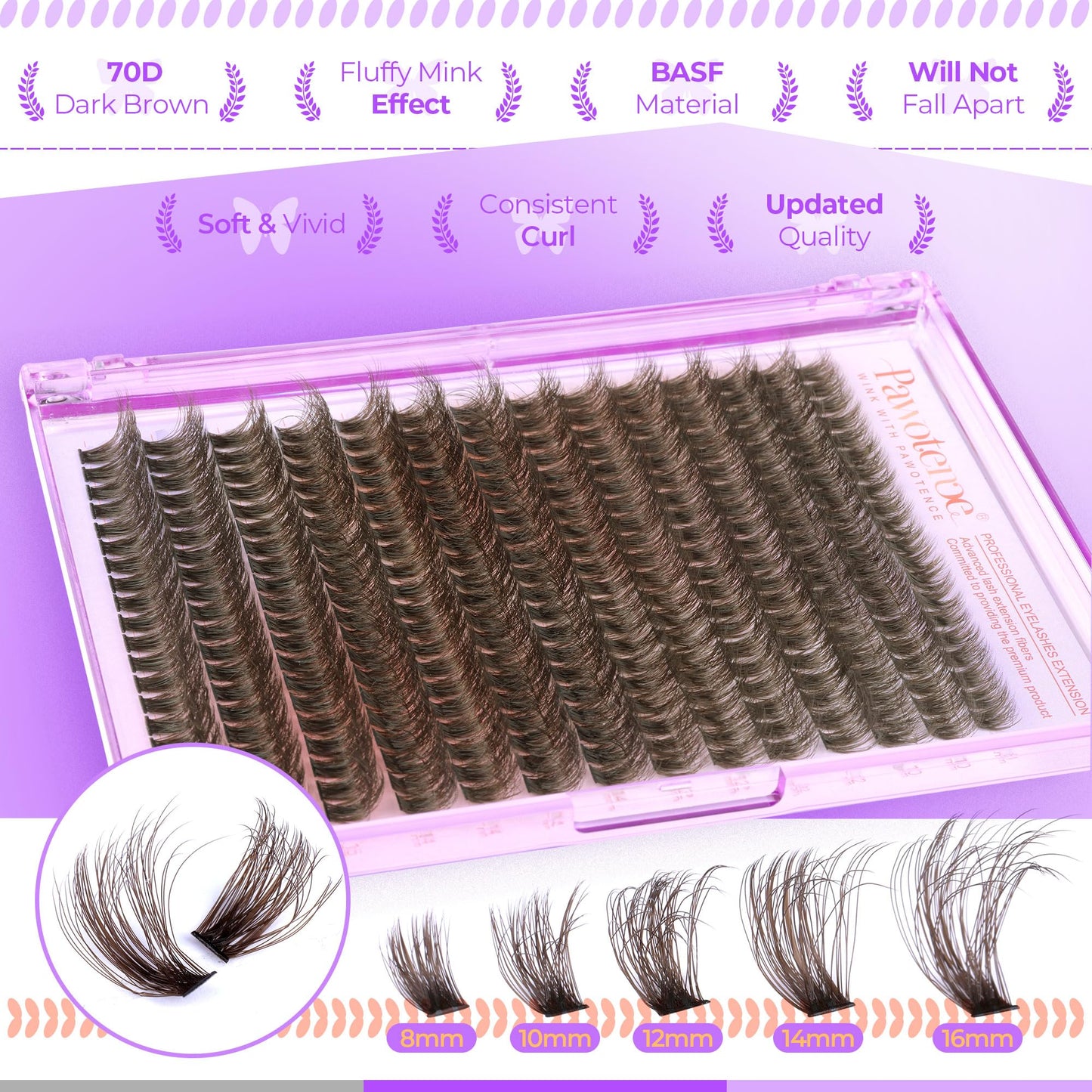 Pawotence Brown Fluffy Lash Clusters Kit 70D Curl Lash Extension Kit Brown 8-16mm Cluster Eyelash Extensions Kit 280pcs Individual Lashes Kit Eyelash Clusters with Lash Bond and Seal for Self Use