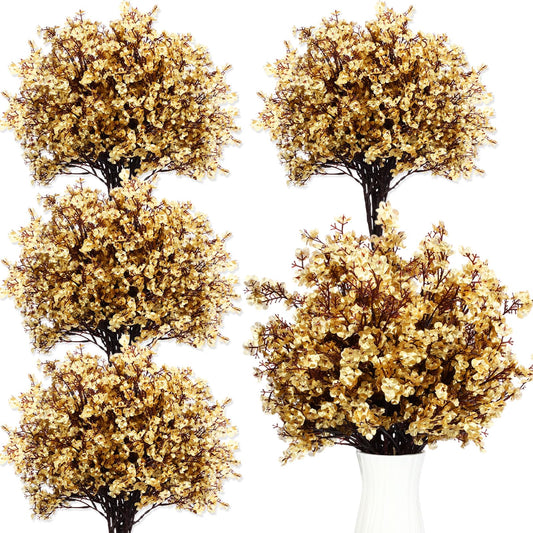 Hotop 30 Pcs Baby Breath Artificial Flowers Bulk Plastic Gypsophila Fake Flower Bouquets Silk DIY Floral Arrangement for Wedding Fall Autumn Christmas Home Table Centerpiece Party Decoration(Gold)