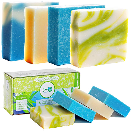 360Feel Fresh Scent Handmade Soap Collection - Aloe Vera, Cotton Blossom, Spring Scrub, Cool Water - Natural Exfoliating Bar Soap - 4 Count (Pack of 1)