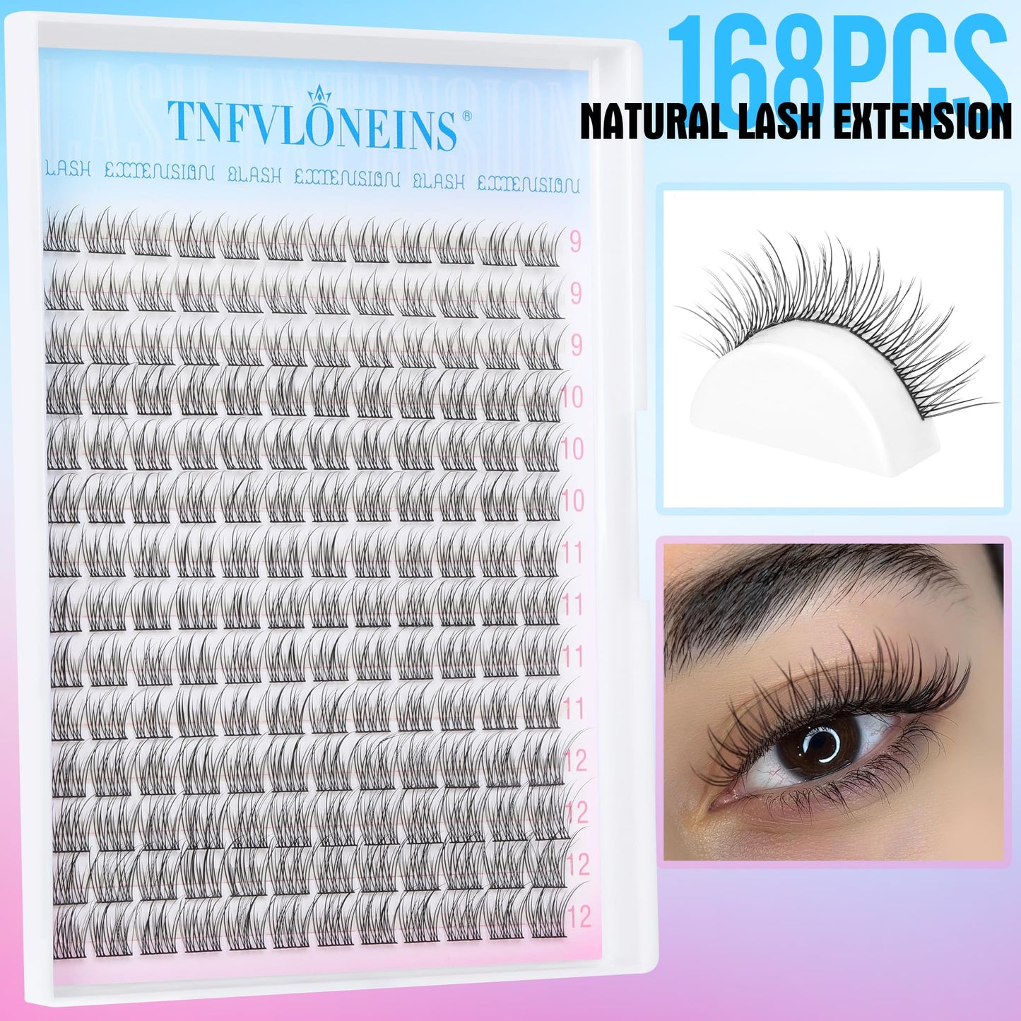 Natural Lash Extension Kit 168Pcs Lash Clusters Kit Wispy Eyelash Extensions 9-12MM Individual Lashes Extensions with Bond and Seal Lash Glue and Eyelash Extension Tweezers DIY at Home by TNFVLONEINS