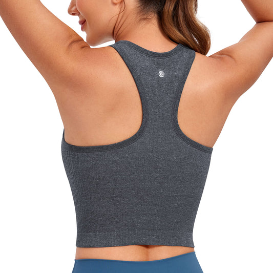 CRZ YOGA Womens Seamless Ribbed Longline High Neck Sports Bra - Racerback Padded Slim Fit Crop Tank Top with Built in Bra Light Gray Heather XX-Small