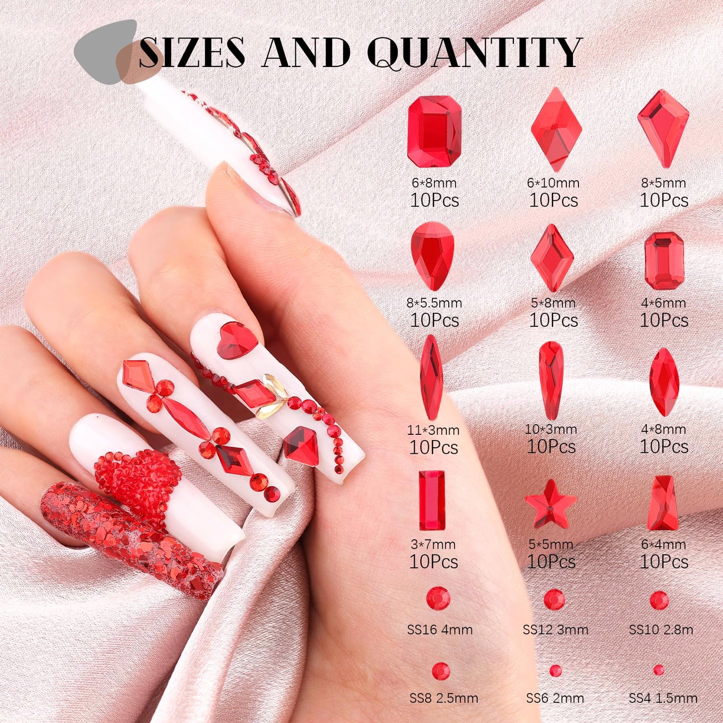 3220Pcs Red Glass Nail Rhinestones 120Pcs Multi Shapes Flatback Gems Crystal + 3100Pcs 1.5-4mm Round Beads with Rhinestones Glue Gel, Manicure Diomand Jewelry Gemstones for Nail Design Makeup