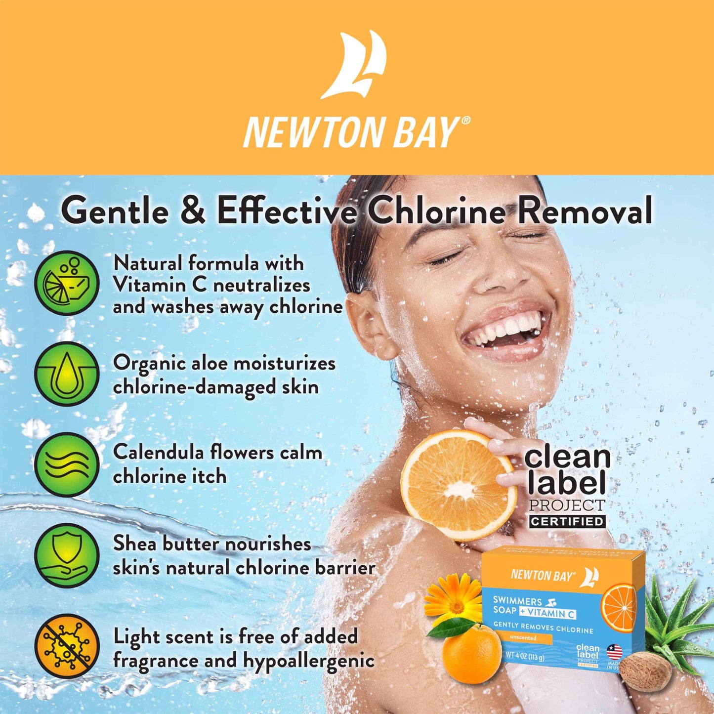 Newton Bay Swimmers Soap + Vitamin C | All Natural Body and Face Wash Soap Bar | Neutralizes and Washes Away Chlorine After Swimming | Revitalizes Sensitive Skin | 5-Pack of 4 Ounce Soap Bars