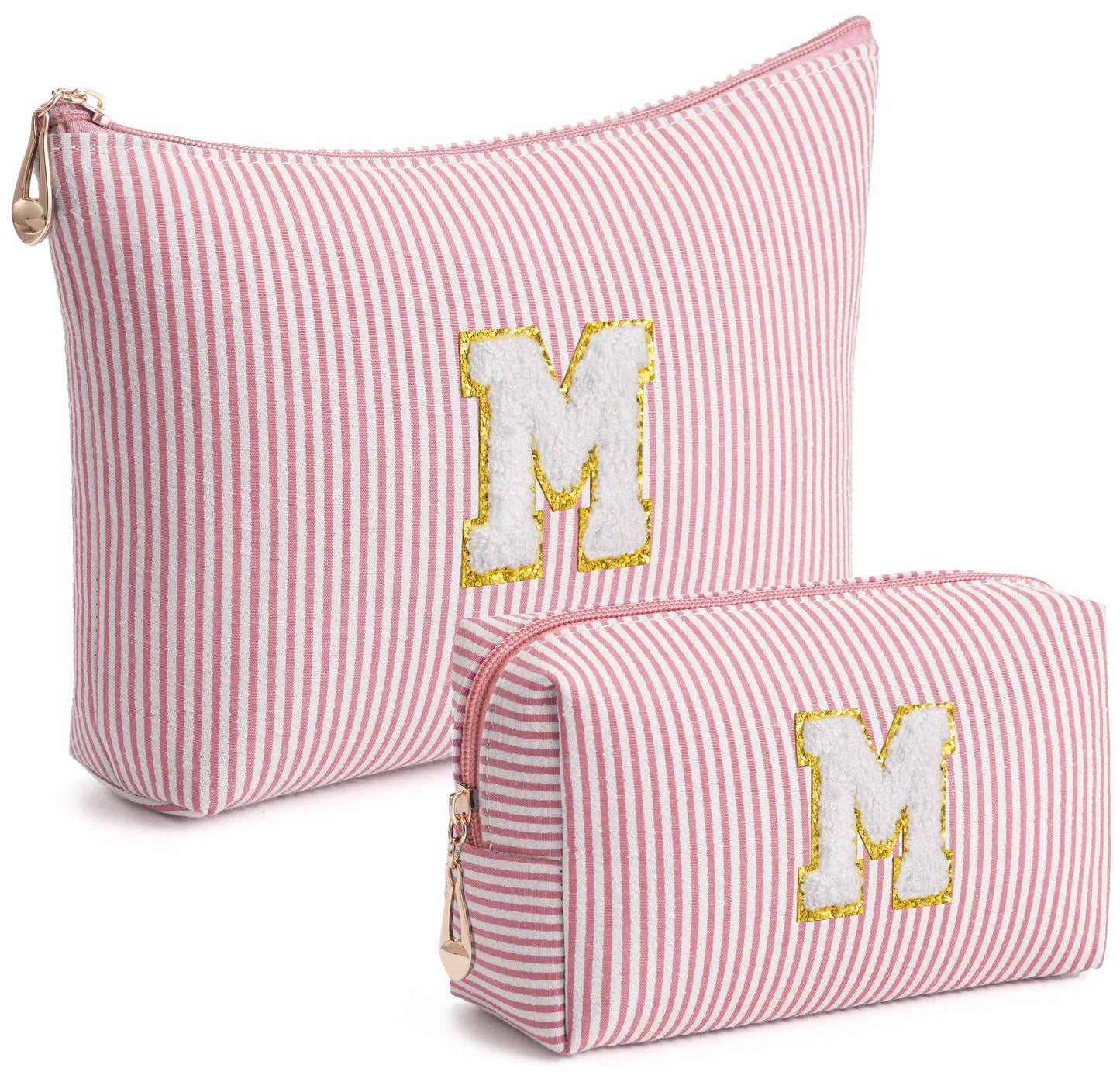 Vorey Pink Personalized Initial Makeup Bag Set, Cute Preppy Travel Toiletry Cosmetic Bags, Small Make Up Pouch, Birthday Gifts for Women, Girls, Friends, (M)