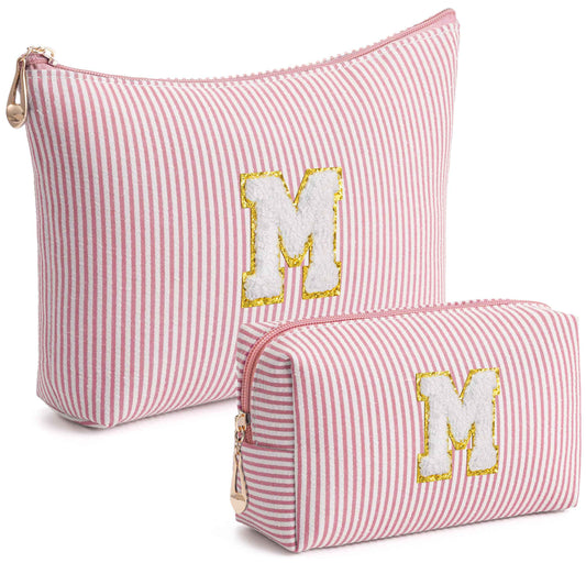 Vorey Pink Personalized Initial Makeup Bag Set, Cute Preppy Travel Toiletry Cosmetic Bags, Small Make Up Pouch, Birthday Gifts for Women, Girls, Friends, (M)