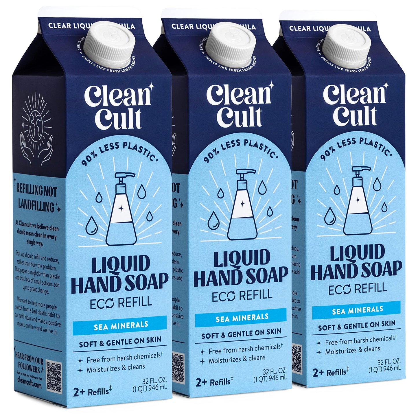 Cleancult - Liquid Hand Soap Refills - Sea Minerals - Gentle On Sensitive Skin - Made with Aloe Vera & Essential Oils - Eco Friendly - Paper-Based Packaging - 32 oz/3 Pack