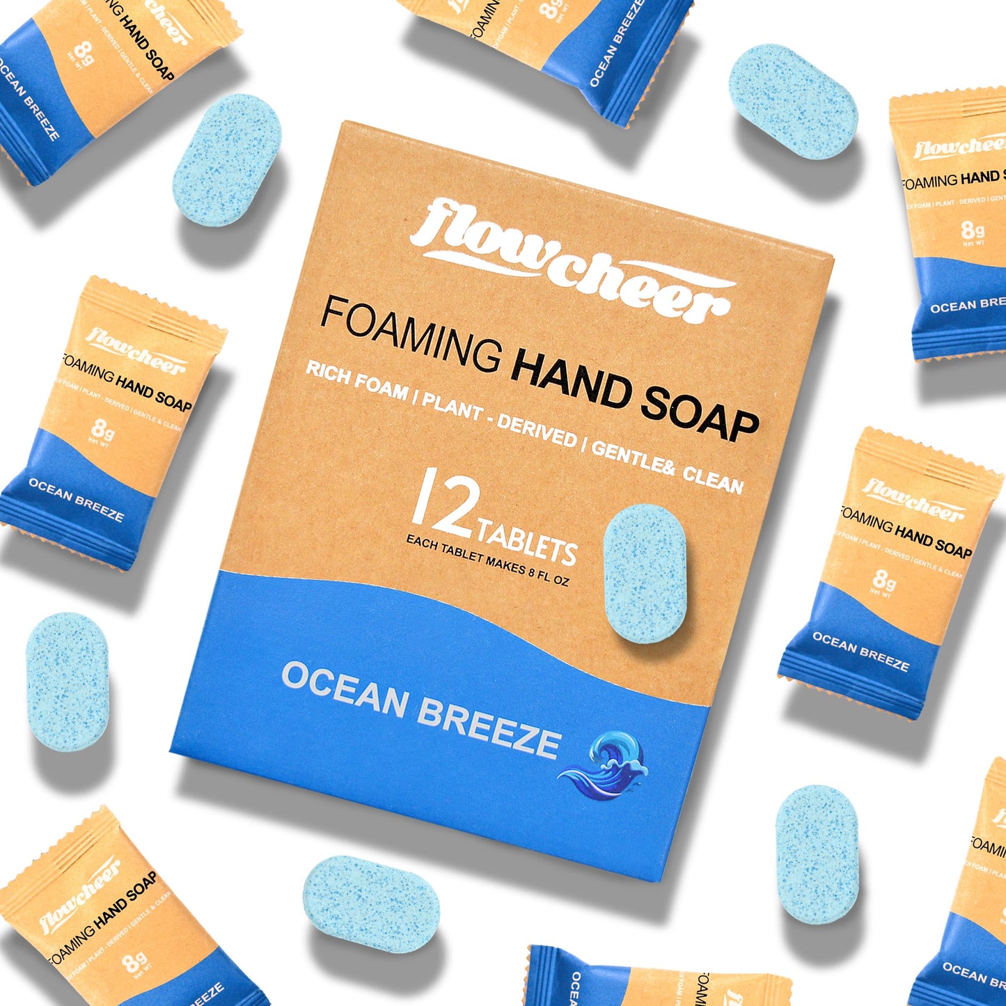 flowcheer Foaming Hand Soap Tablet Refills-12 pack Makes 96 fl oz (12 x 8 fl oz Bottles)- The Ocean Breeze Hand Wash Soap Refills Tablets for Zero Waste Eco Friendly Cleaning Supplies