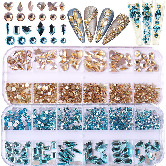 BELICEY Nail Art Rhinestones Gold Blue Flatback Round Rhinestones Charms Nail Gem Stones with K9 Bling Glass Crystals Diamonds Jewelry for Nail Design DIY Crafts Face Decoration