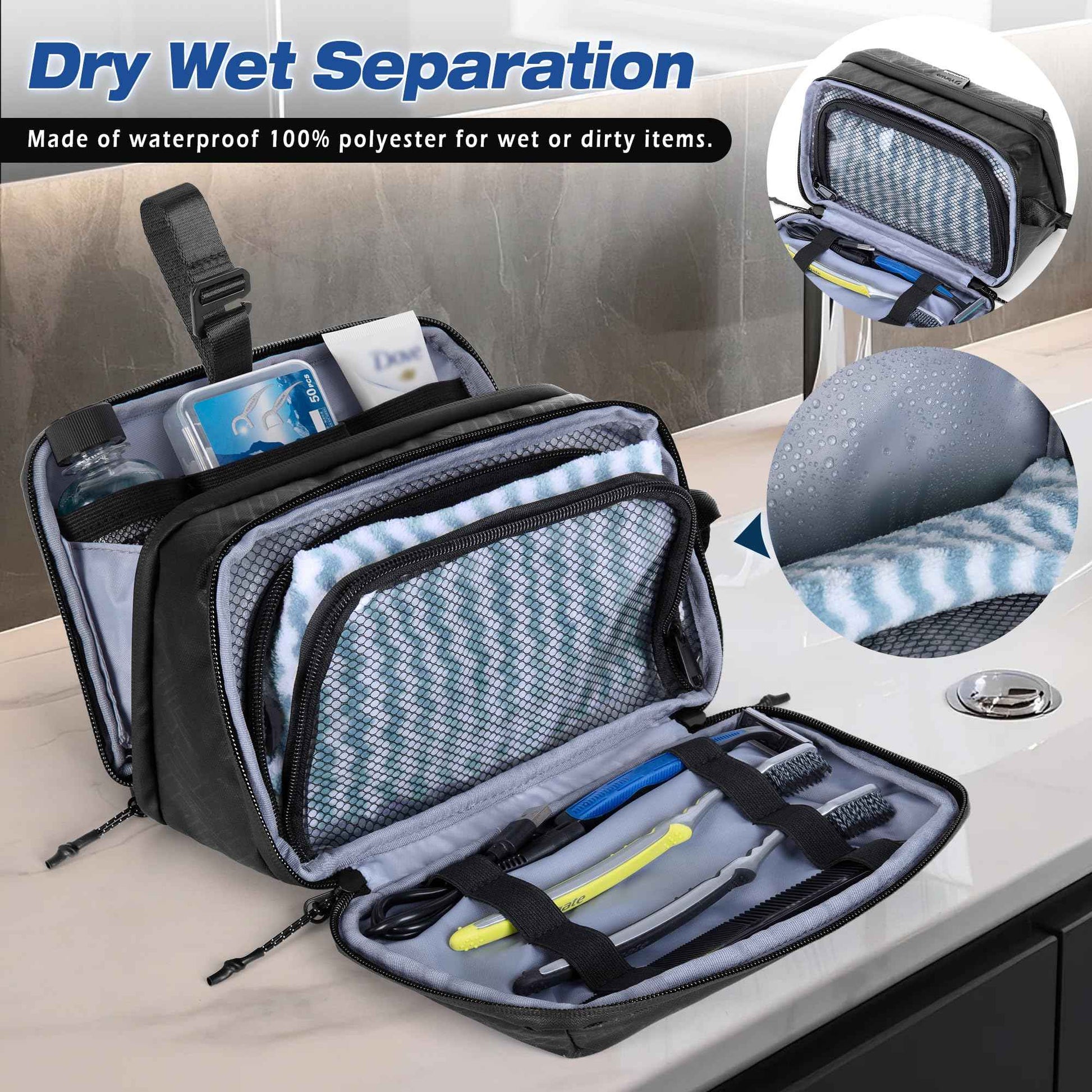 Yarwo Travel Toiletry Bag for Men, Hanging Dopp Kit Shaving Storage Case, Water-resistant Toiletry Organizer Hygiene Bag for Toiletries, Skincare, Razor, Makeup, Cosmetics, Shower Essentials