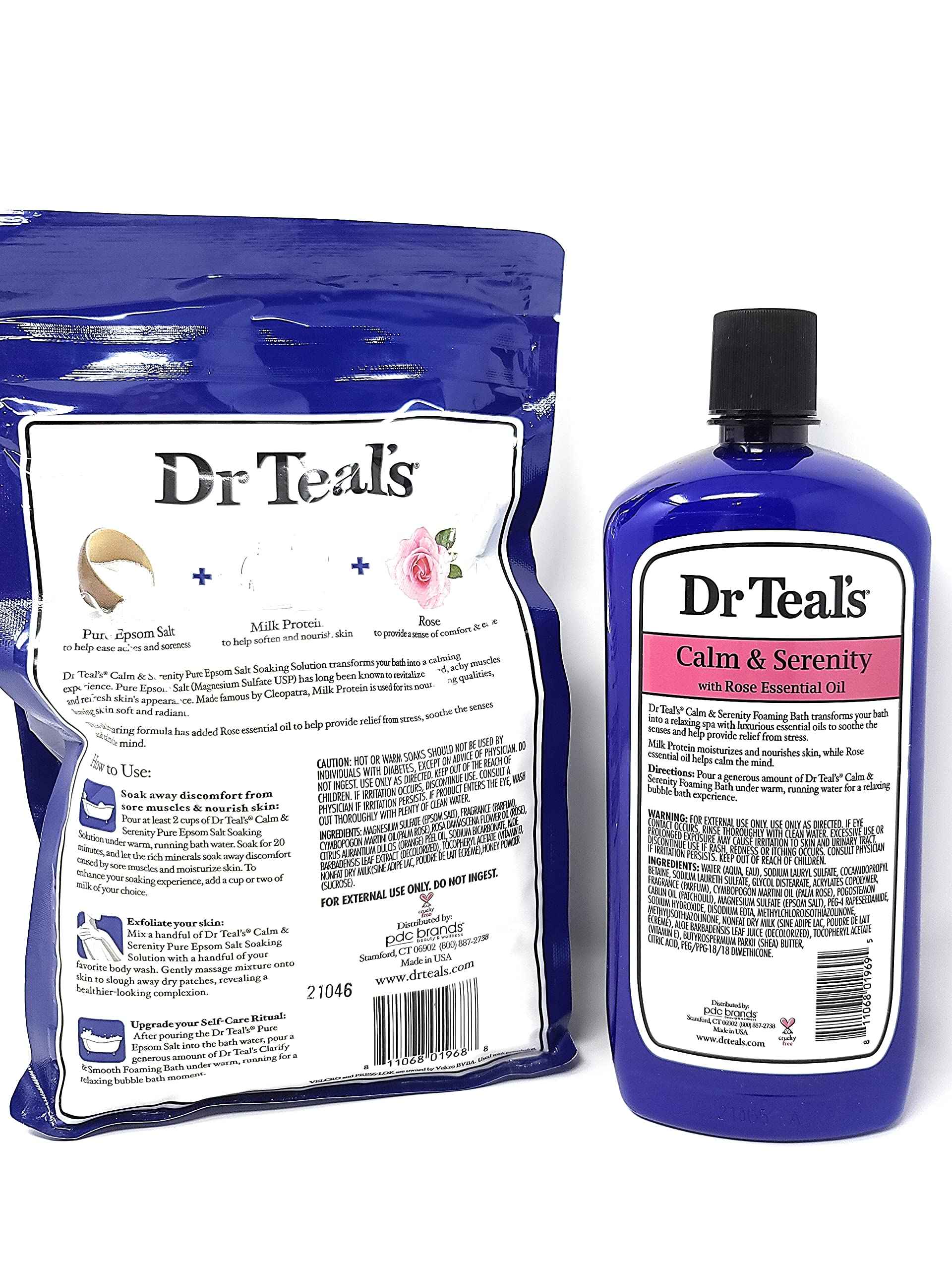 Bundle of Dr Teals Calm & Serenity with Rose Essential Oil (Made with Milk Protein): Pure Epsom Salt Soaking Solution 3 LBS & Foaming Bath 34 FL OZ