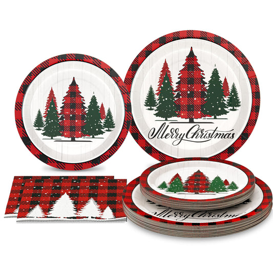 Homlouue 200 Pcs Christmas Paper Plates and Napkins, Christmas Tree Red and White Plates and Napkins Disposable, Christmas Dinner Plates and Napkins Serve 50 Guest, Christmas Party Table Decorations