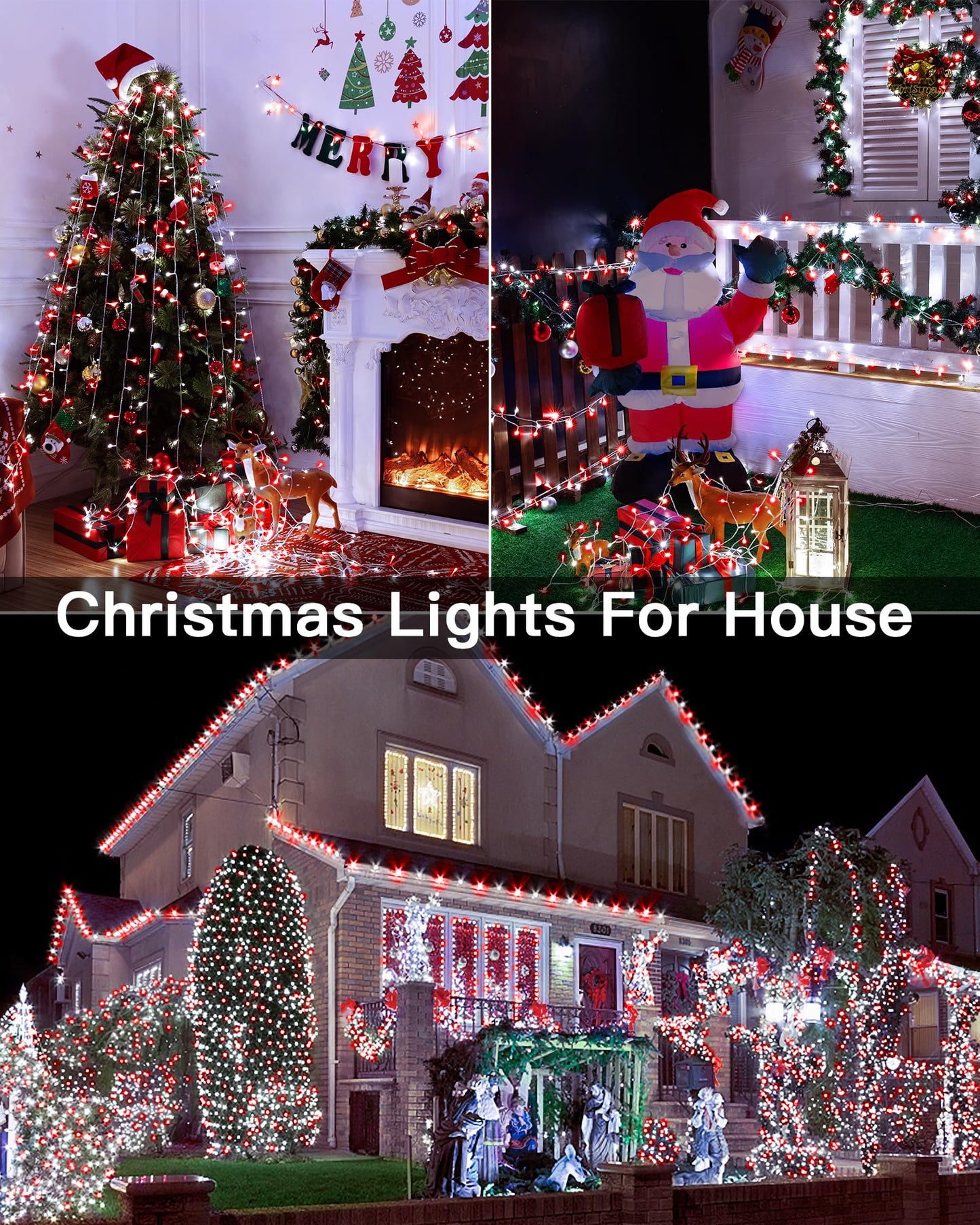 shineshine 197 FT 600 LED Christmas Lights Outdoor, 8 Lighting Modes with Remote, String Lights for Xmas Christmas Decorations Red + White