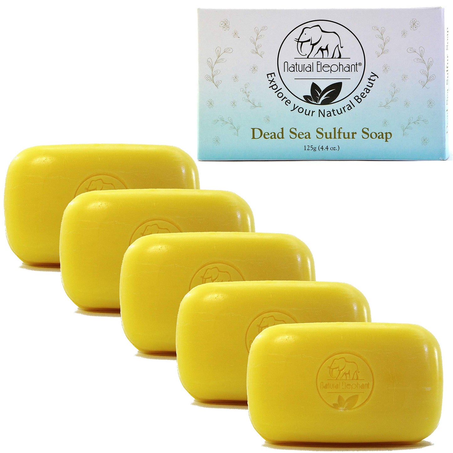 Natural Elephant Dead Sea Sulfur Soap 4.4 oz with Dead Sea Salt, Aloe Vera, Sulphur Face and Body Bar for All Skin Types (5 Pack (22 oz Total))