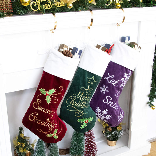 GEX Christmas Stockings 3 Pack for Family 22" Large Quilted Lining Embroidery Classic Luxury Velvet Red Green Purple Hanging Ornament Decorations for Fireplace Xmas Season (Set of 3)