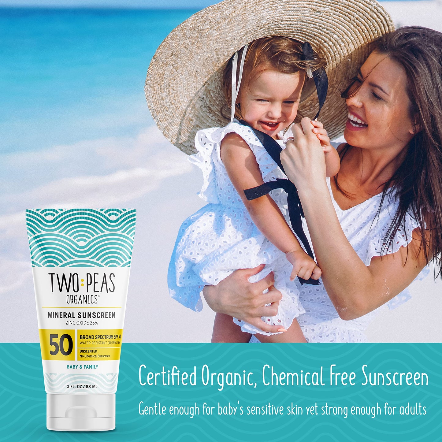 Two Peas Organics - All Natural Organic SPF 50 Sunscreen Lotion - Coral Reef Safe - Baby, Kid & Family Friendly - Chemical Free Mineral Based Formula - Waterproof & Unscented – 3oz