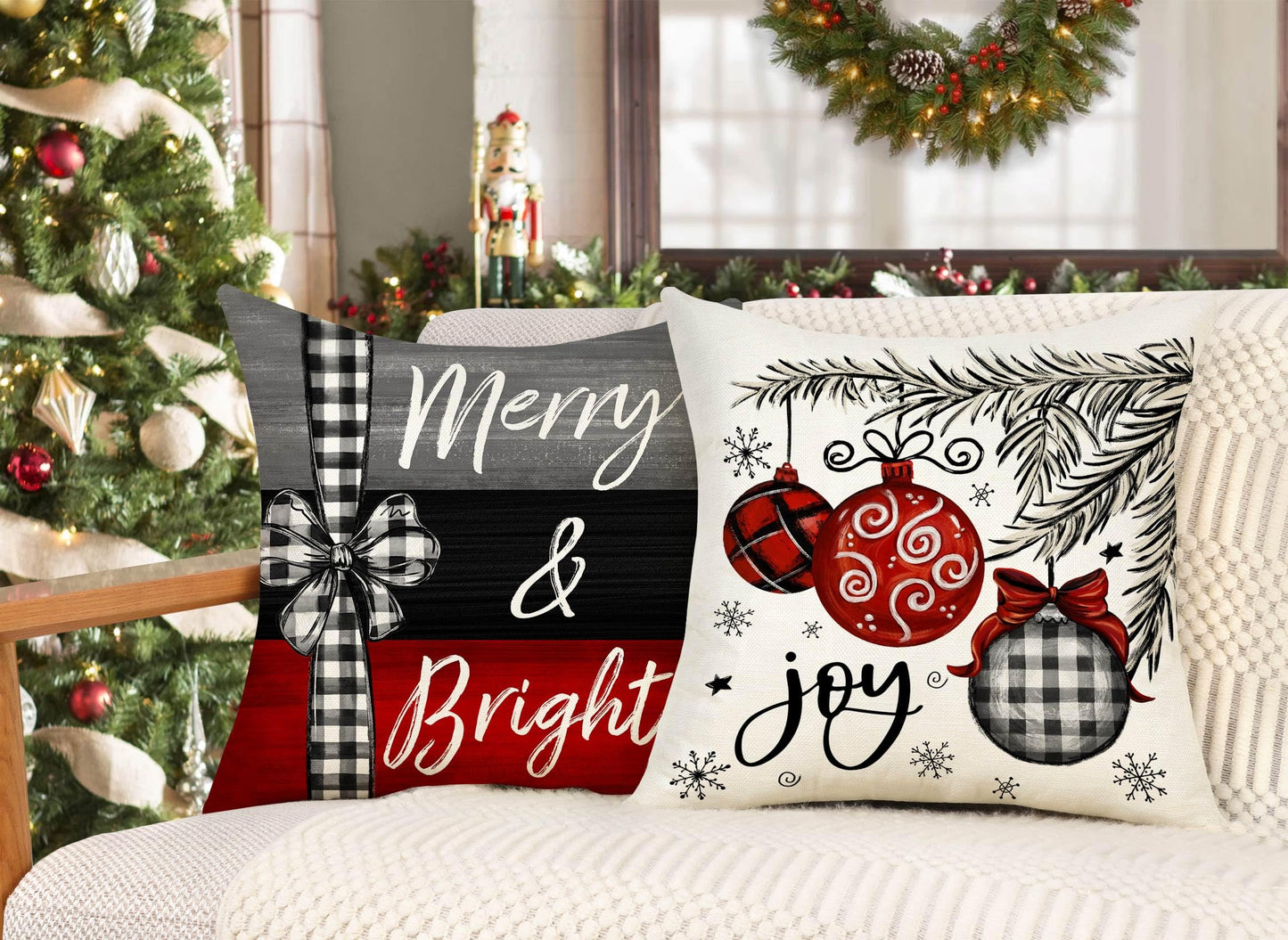 4TH Emotion Christmas Throw Pillow Covers 20 x 20 Inch Set of 4, Xmas Tree Winter Farmhouse Holiday Merry Bright Cushion Case for Home Couch Decoration S23C23-20