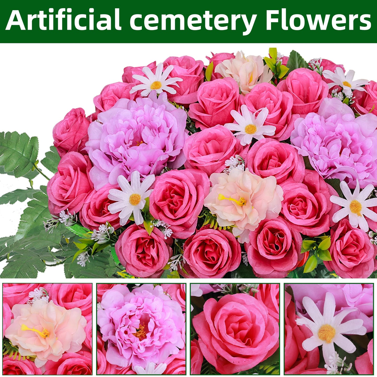 Lodou Artificial Cemetery Flower Saddles for Graves,Outdoor Grave Saddle Headstone Decorations,Artificial Rose Bouquet Grave Memorial Flowers for Grave Decorations (Dark Pink Rose, Saddle)