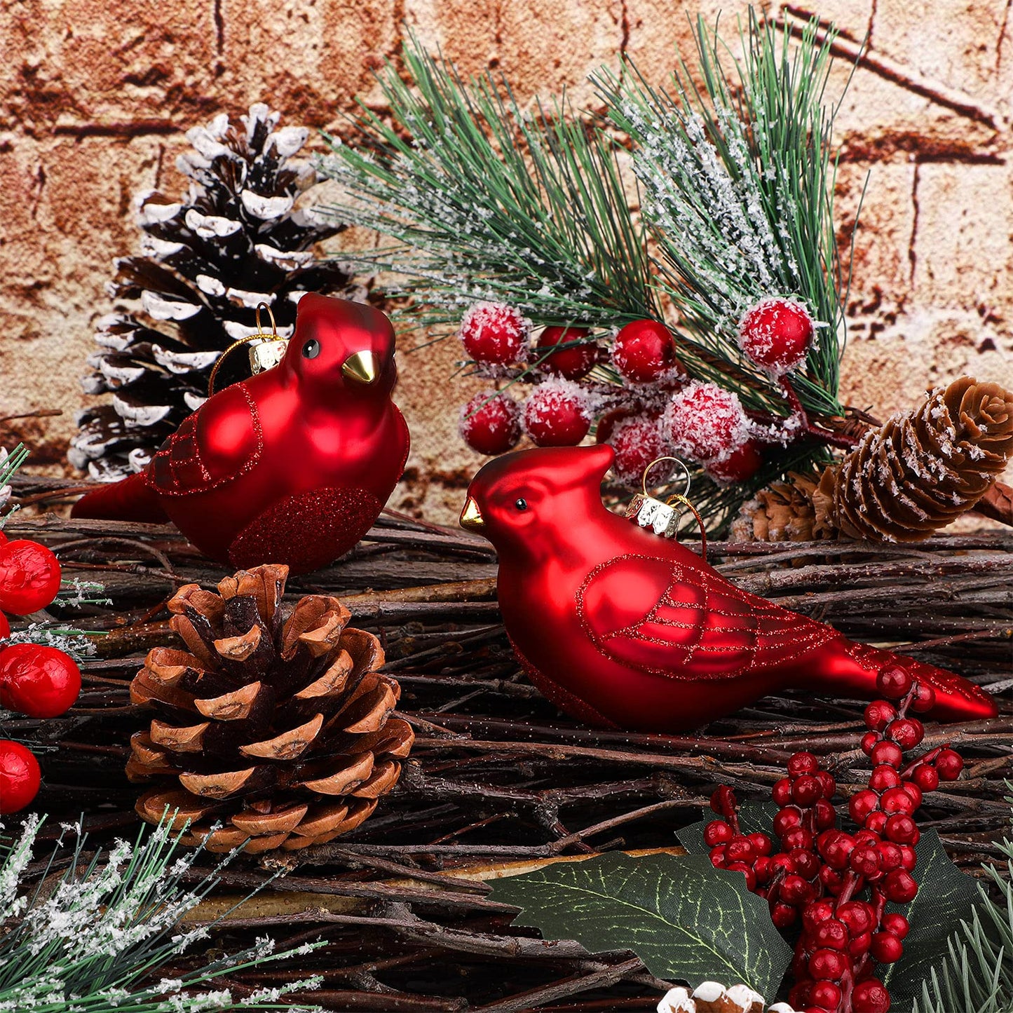 Elcoho Christmas 4 Pack Red Bird Glass Blown Ornaments for Christmas Tree, Northern Cardinal