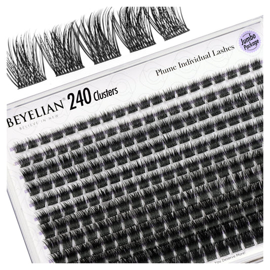 BEYELIAN Lash Clusters, 240 Pcs 10-16mm D Curl Individual Cluster Lashes Dense Look Soft DIY Lash Extensions Black Super Thin Band DIY Eyelash Extension (P11)