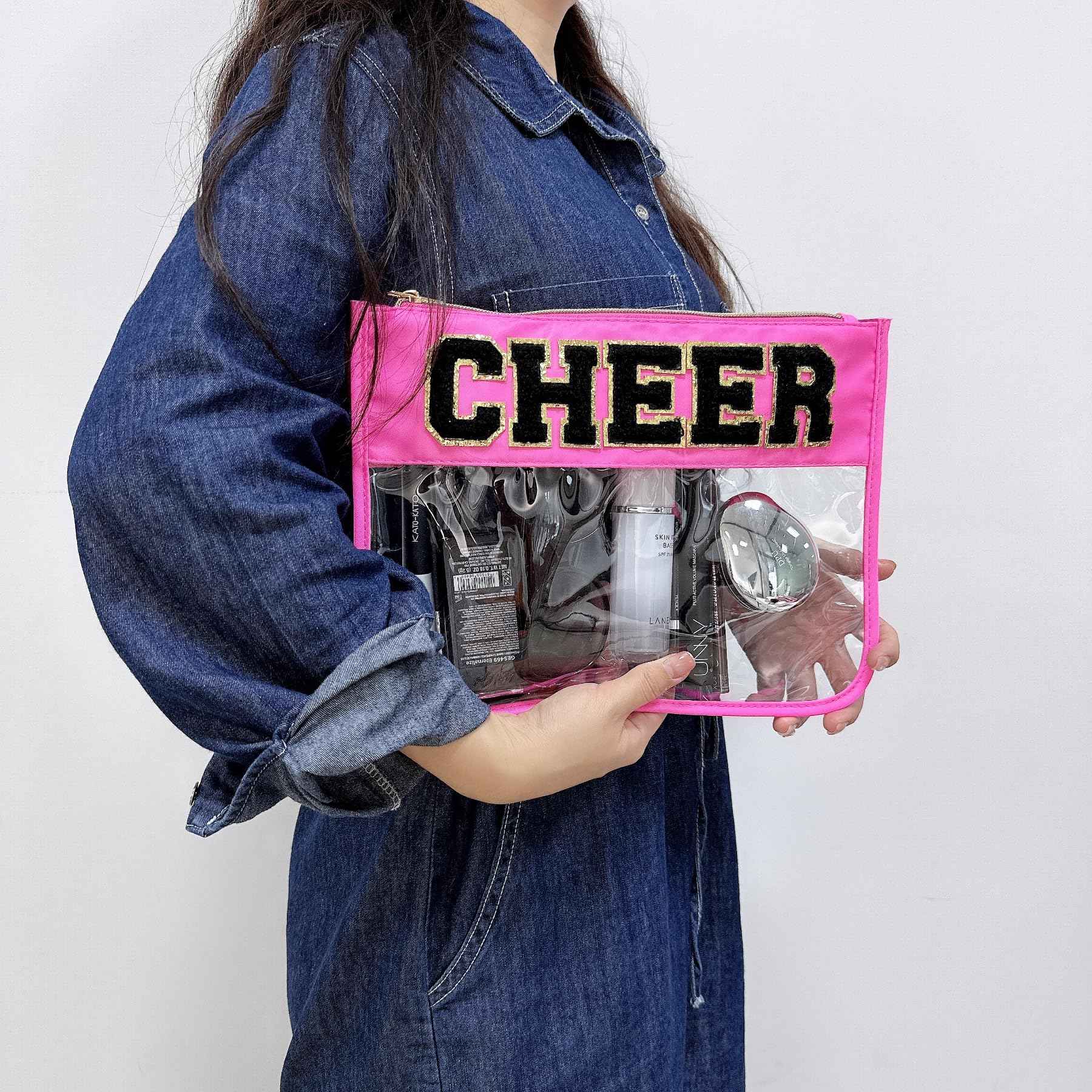 Dealkion Cheer Bag Cheerleader Gifts Accessories Clear Chenille Letter Patch Cheer Makeup Bag Stuff Case Toiletry Zipper Pouch for Women Girls