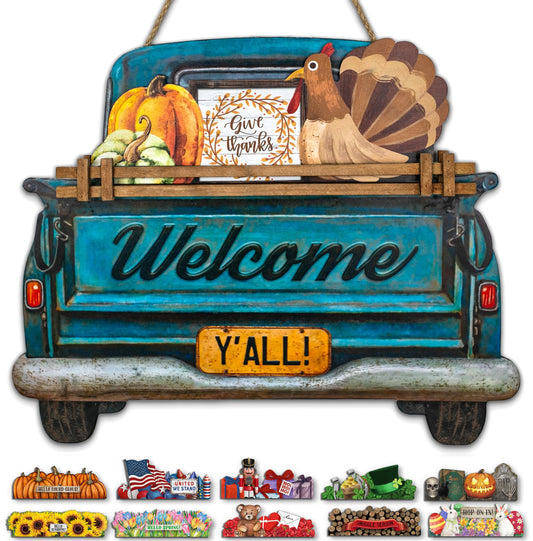 Interchangeable Welcome Sign for Front Door Blue Farmhouse Truck Decor Hanging Sign with 11 Interchangeable Seasonal and Holiday Decor Signs 12x14 in. (Blue Farmhouse Truck)