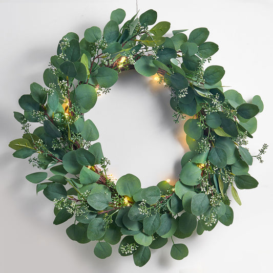 LampLust Eucalyptus Wreath for Front Door, 24 Inch Door Wreath with Lights, 80 LED Lights, Battery Operated, Timer Included, Christmas Wreaths, Farmhouse Wreath, Christmas Decorations Holiday Decor