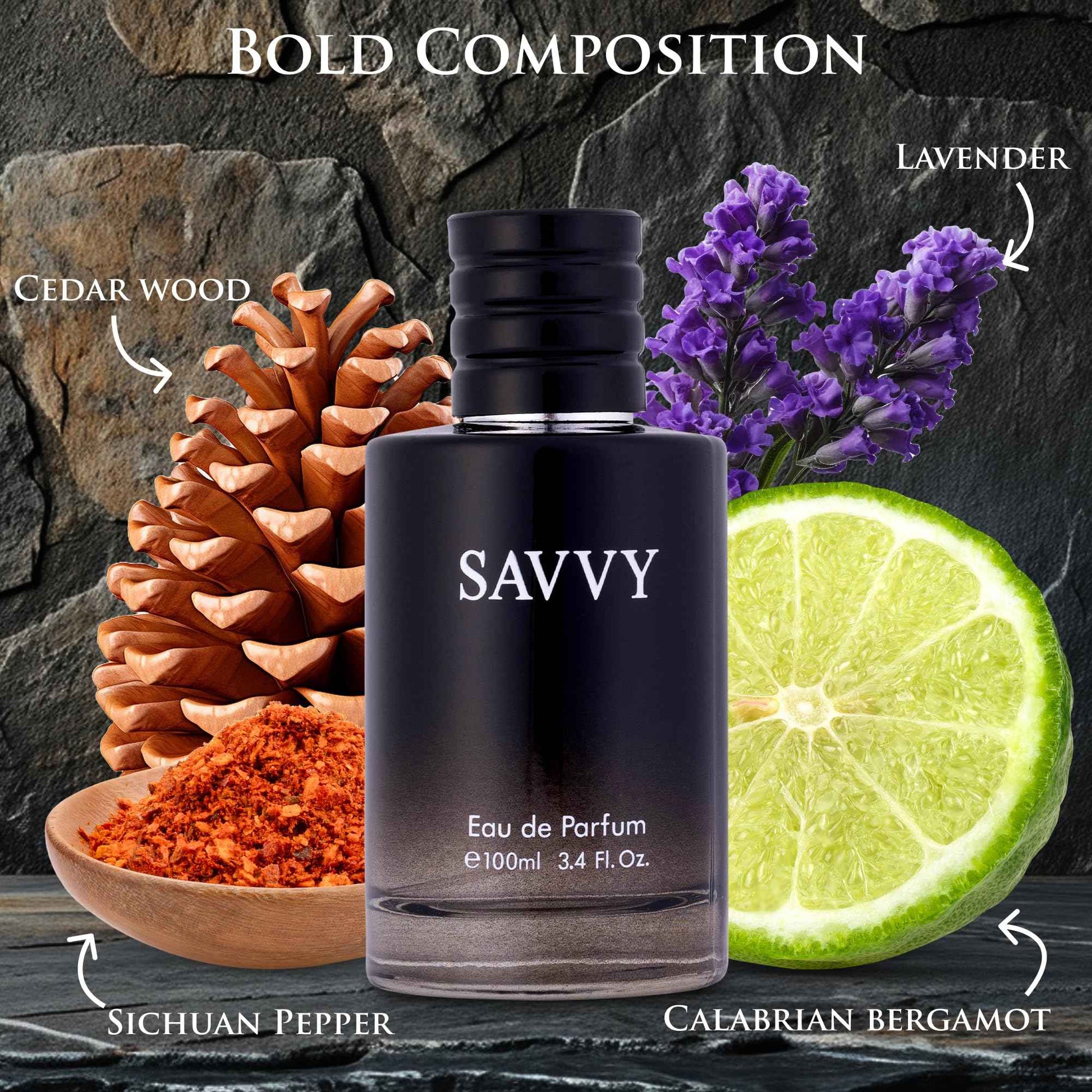 Savvy for Men Eau De Parfum - Sophisticated Male Fragrance Composition of bergamot, Pepper, Lavender, Star Anise & Nutmeg - Base of Peppery & Vanilla - Go-To Daily Scent - Elegant 100ml Bottle