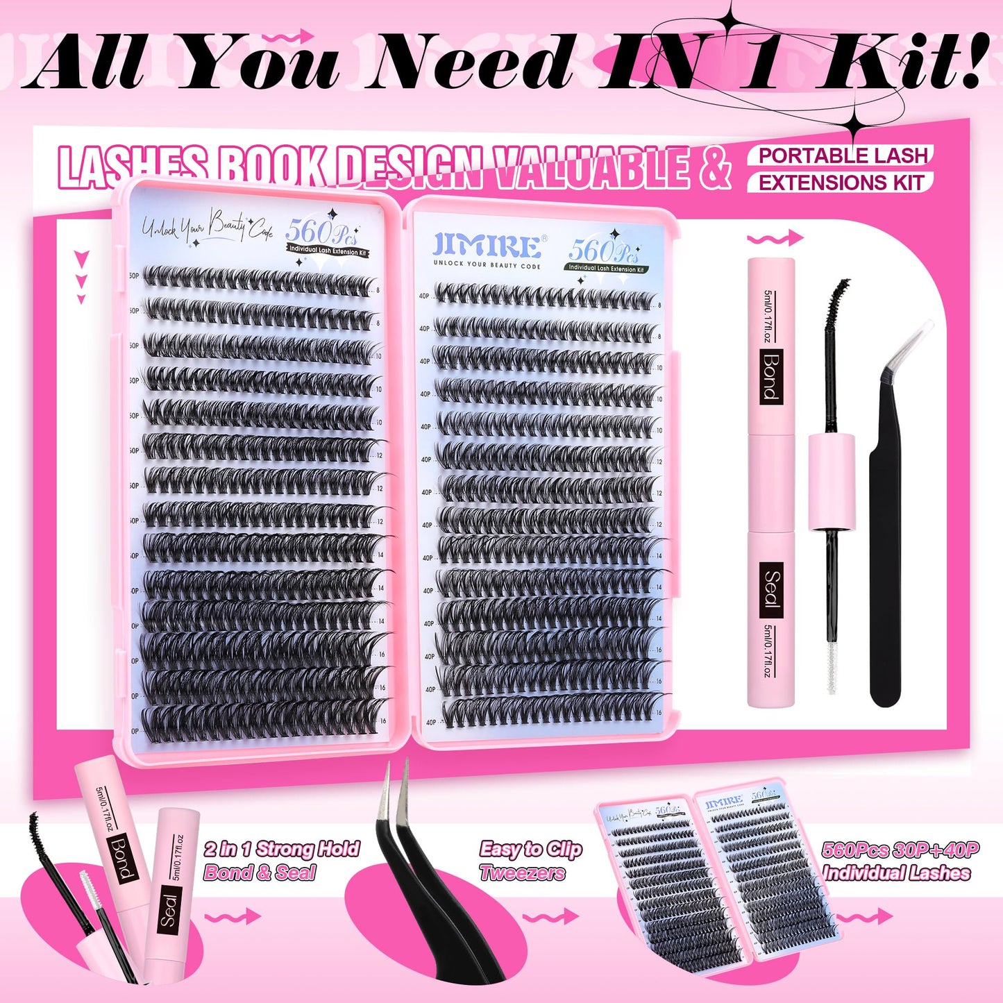 Lash Extension Kit DIY Lash Clusters Kit 560Pcs Eyelash Extension Kit with Lash Bond and Seal Tweezers 10-16mm Natural 40D+50D Volume D Curl Individual Lashes Cluster Eyelash Extensions by JIMIRE