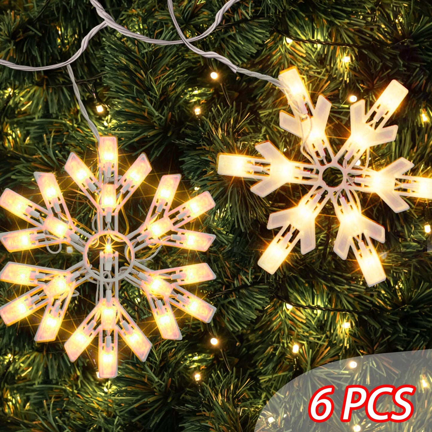 FUNPENY 8.5 FT Snowflake String lights with 6 Drops, 100 Lights Connectable Christmas Icicle Lights Plug in, Fairy Curtain Lights for Outdoor Indoor Xmas Home Party Wedding Decorations (Warm White)