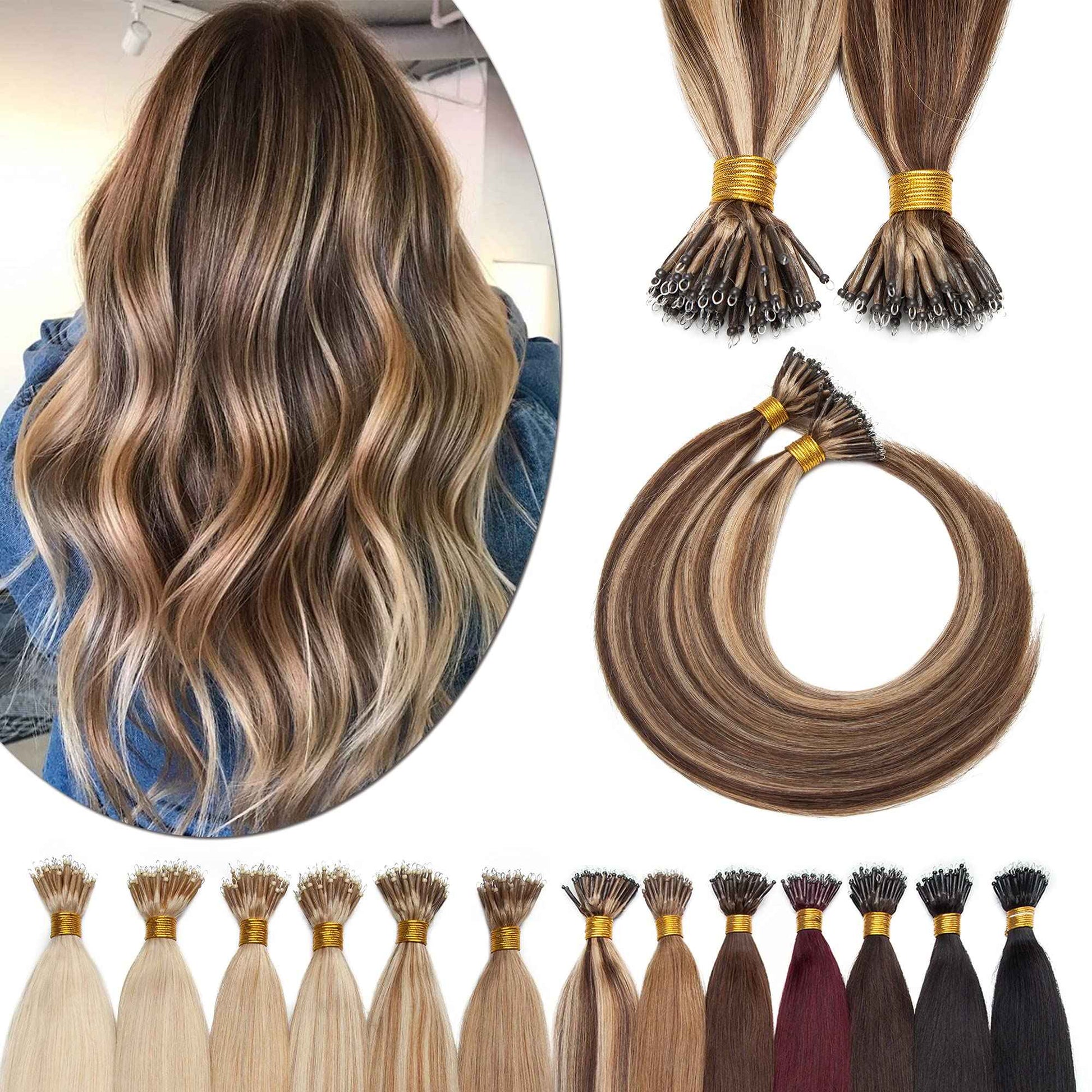 SEGO Nano Tip Hair Extensions Human Hair Balayage Nano Ring Beads Pre-bonded Seamless Highlight Extensions for Women 1g/strand 50g/pack -16 Inch /4P27 Medium Brown&Dark Blonde