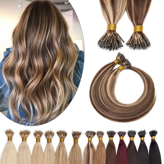 SEGO Nano Tip Hair Extensions Human Hair Balayage Nano Ring Beads Pre-bonded Seamless Highlight Extensions for Women 1g/strand 50g/pack -16 Inch /4P27 Medium Brown&Dark Blonde
